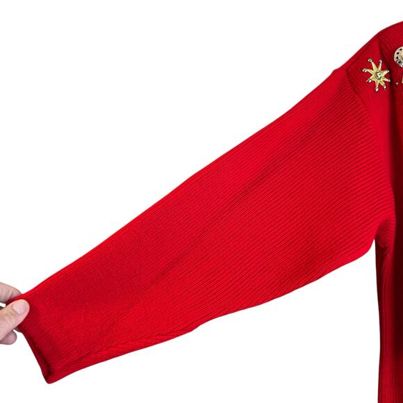 Sweater VTG Red OS Embroidered Jewels Embellished Rib Knit Holiday Casual USA - Picture 5 of 8